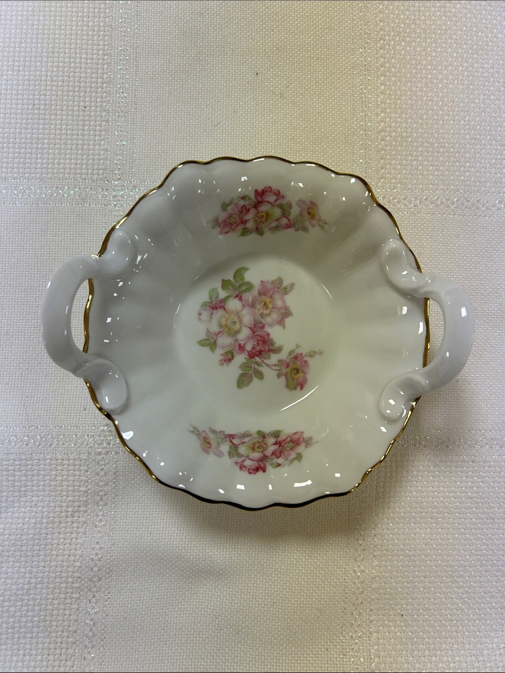 vintage Gerold Porzellan Bavaria handled candy dish with delicate pink roses